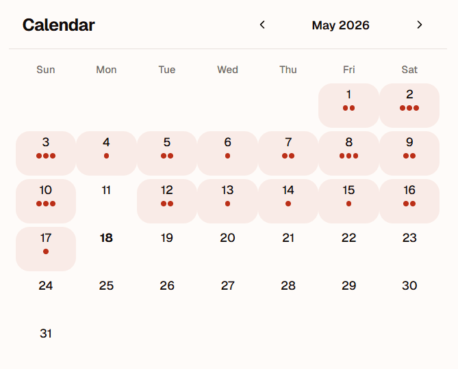 PepperList calendar view with a monthly dining history