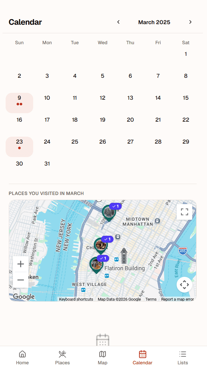 PepperList calendar screen showing visited places on selected dates