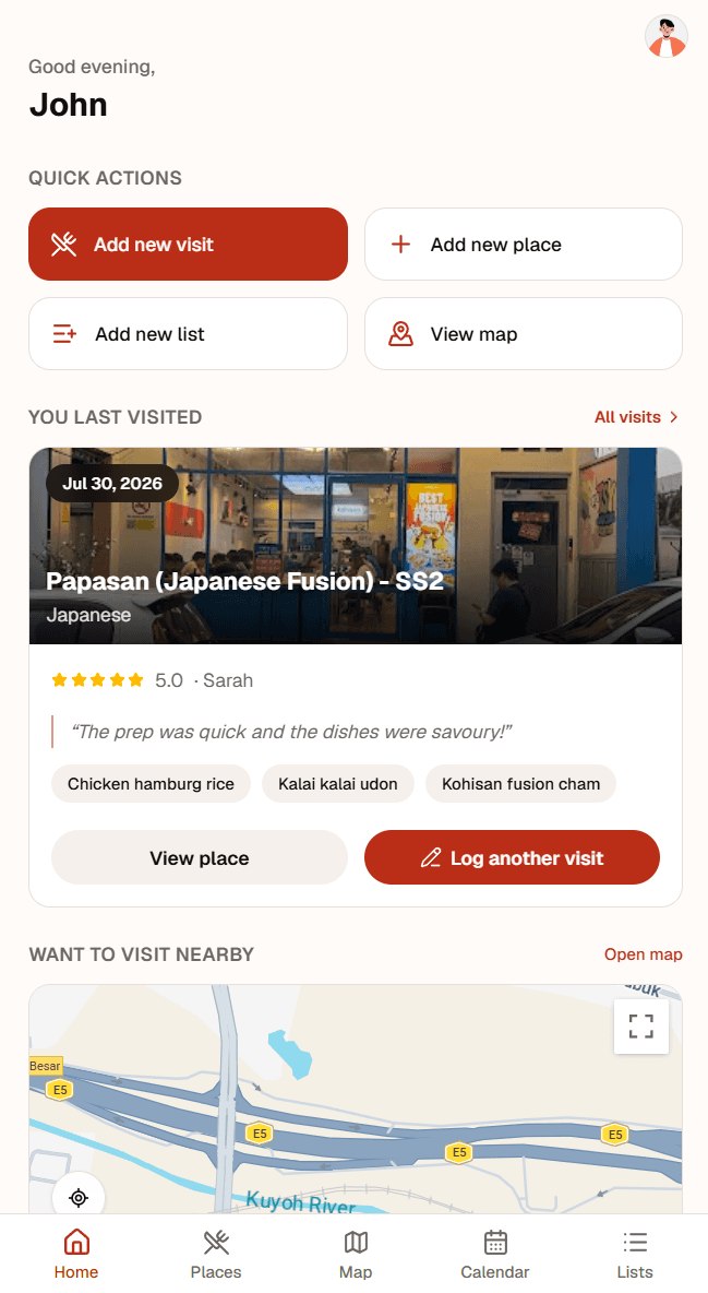 PepperList home dashboard with recent restaurant visits and lists