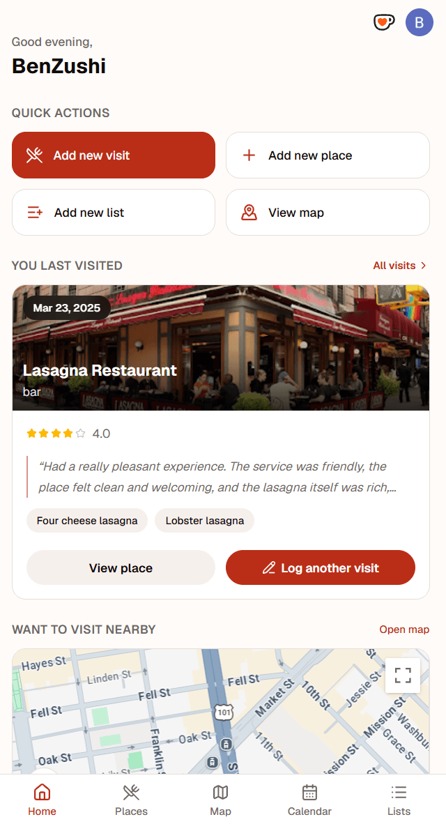 PepperList home dashboard with quick actions, a recent visit, and a nearby map
