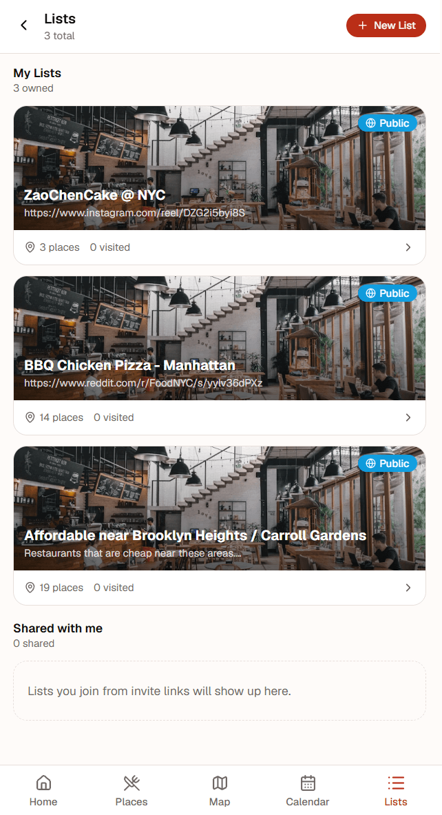 PepperList lists screen with saved restaurant collections