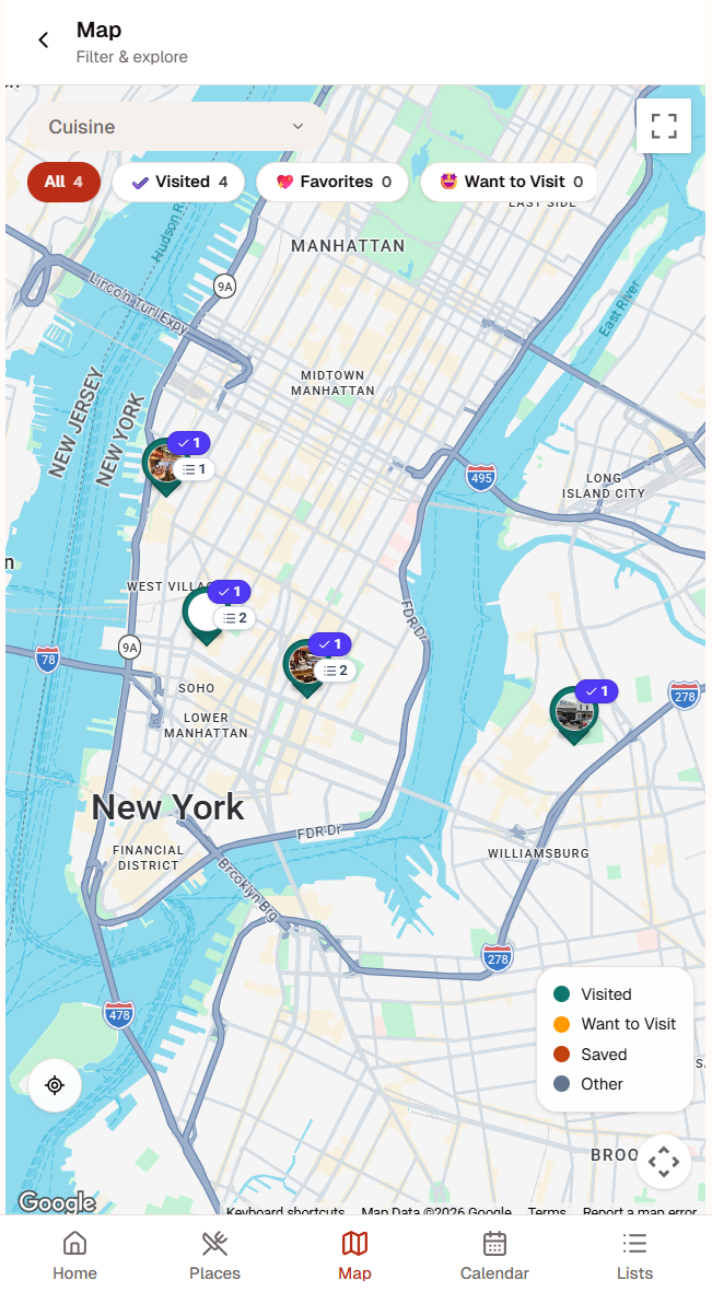 PepperList mobile map showing saved restaurant visits