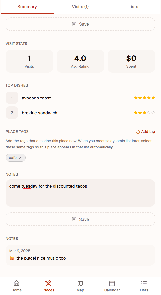 PepperList restaurant summary with visit statistics, top dishes, tags, and notes