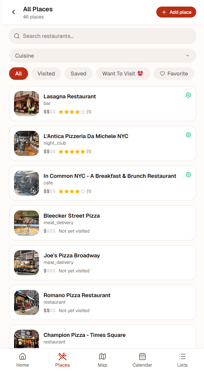PepperList places screen with restaurant search, filters, and saved places