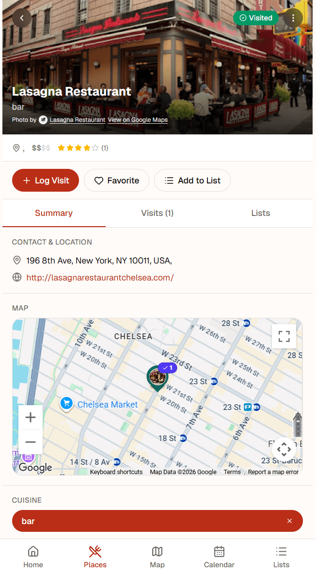 PepperList restaurant detail screen with visit status, rating, contact information, and map