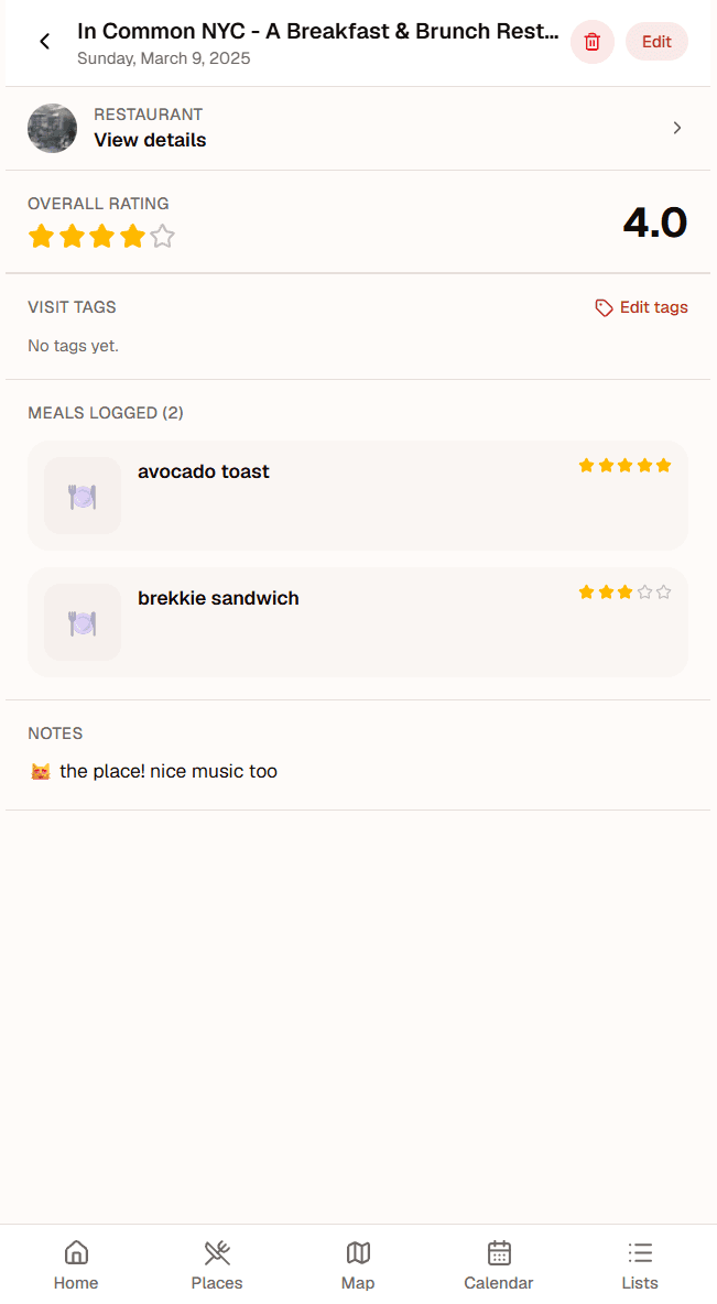 PepperList visit detail screen with rating, meals, and notes