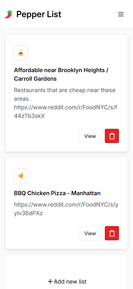 Restaurant Lists View
